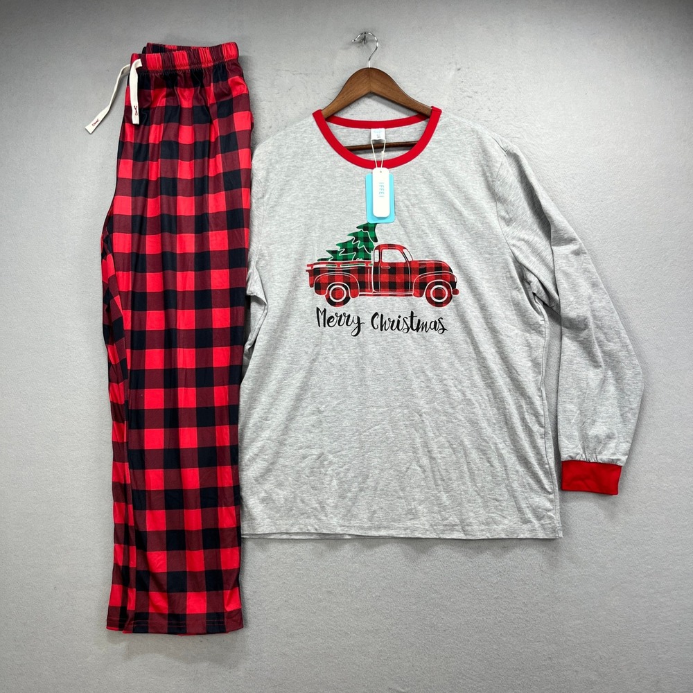 IFFEI Pajama Set Mens XL Gray Red Buffalo Plaid Merry Christmas Truck Holiday